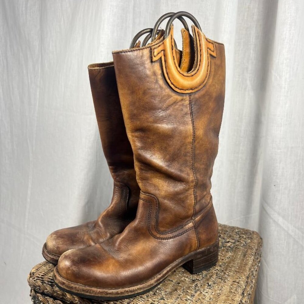 True Religion Leather Boots with Metal Pull Rings in Brown - Size 36/6
